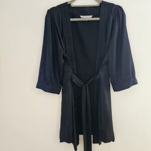 Y2K Victoria's Secret Robe Womens Large Black Satin Tie Belt 3/4 Sleeve Pleated